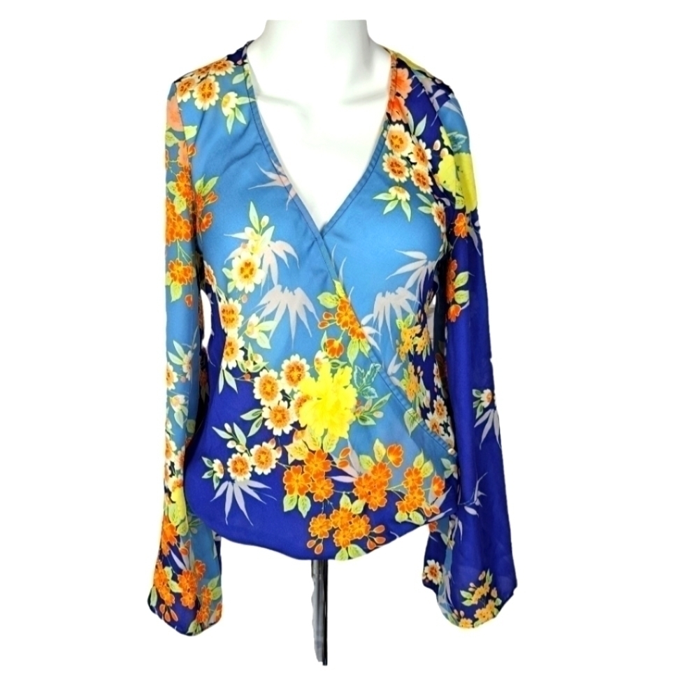 Guess Floral V-Neck Blouse - Blue and Yellow